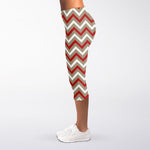 White Beige And Red Chevron Print Women's Capri Leggings
