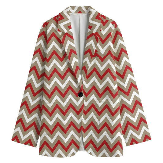 White Beige And Red Chevron Print Women's Cotton Blazer