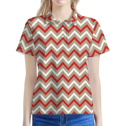 White Beige And Red Chevron Print Women's Polo Shirt