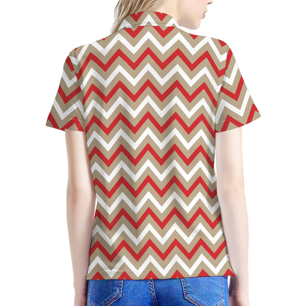 White Beige And Red Chevron Print Women's Polo Shirt