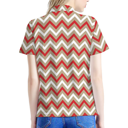 White Beige And Red Chevron Print Women's Polo Shirt