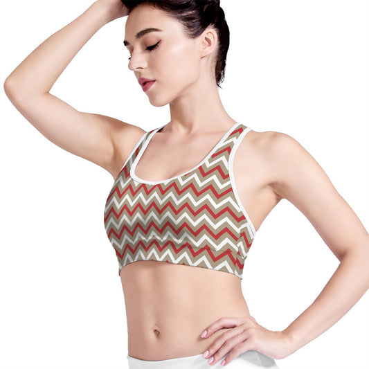 White Beige And Red Chevron Print Women's Sports Bra