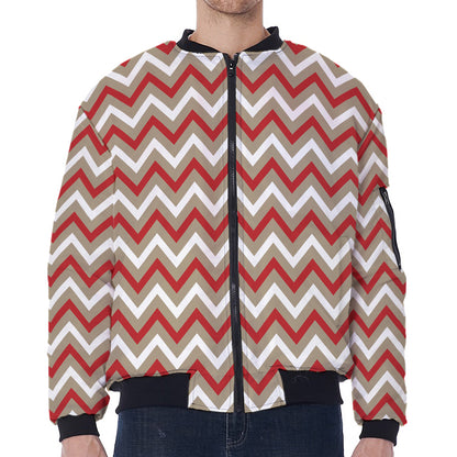 White Beige And Red Chevron Print Zip Sleeve Bomber Jacket