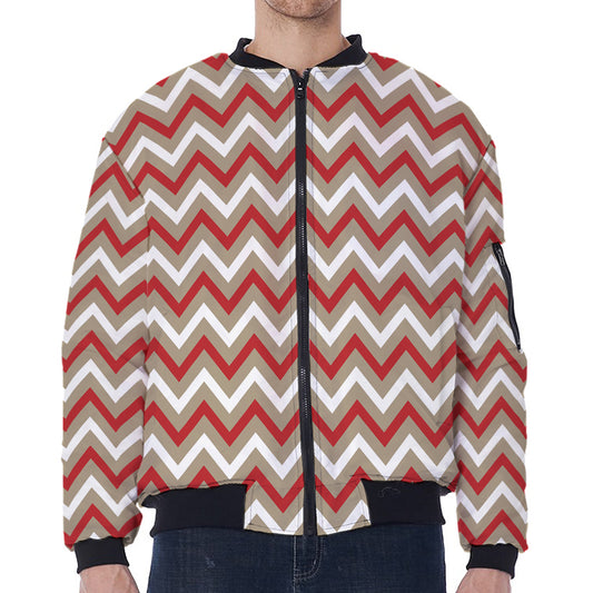 White Beige And Red Chevron Print Zip Sleeve Bomber Jacket