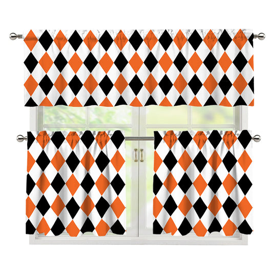 White Black And Orange Harlequin Print 3 Piece Kitchen Curtains