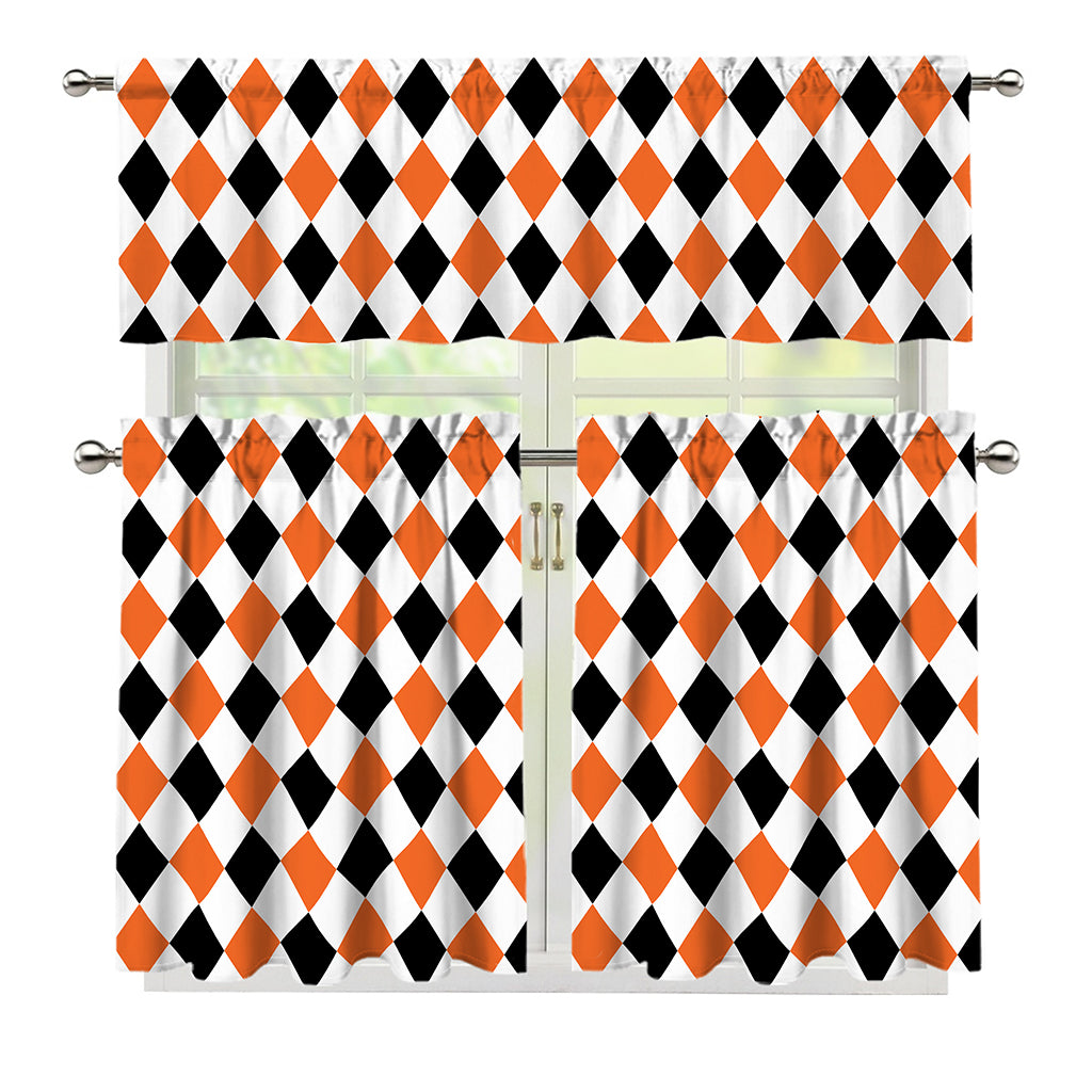 White Black And Orange Harlequin Print 3 Piece Kitchen Curtains