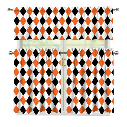 White Black And Orange Harlequin Print 3 Piece Kitchen Curtains