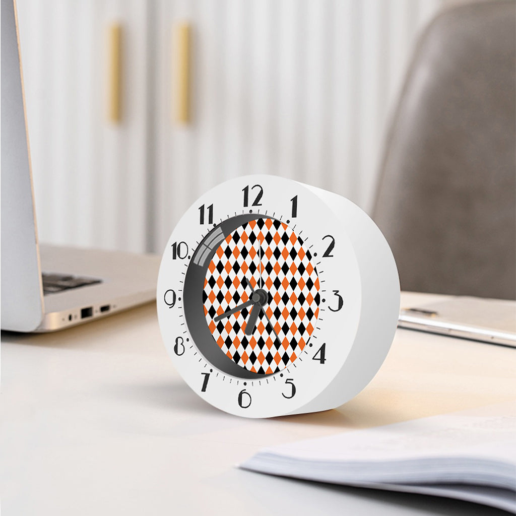 White Black And Orange Harlequin Print Alarm Clock