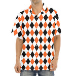 White Black And Orange Harlequin Print Aloha Shirt