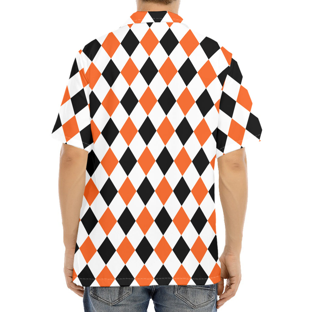 White Black And Orange Harlequin Print Aloha Shirt