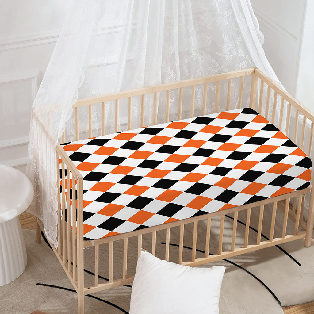 White Black And Orange Harlequin Print Baby Crib Sheet