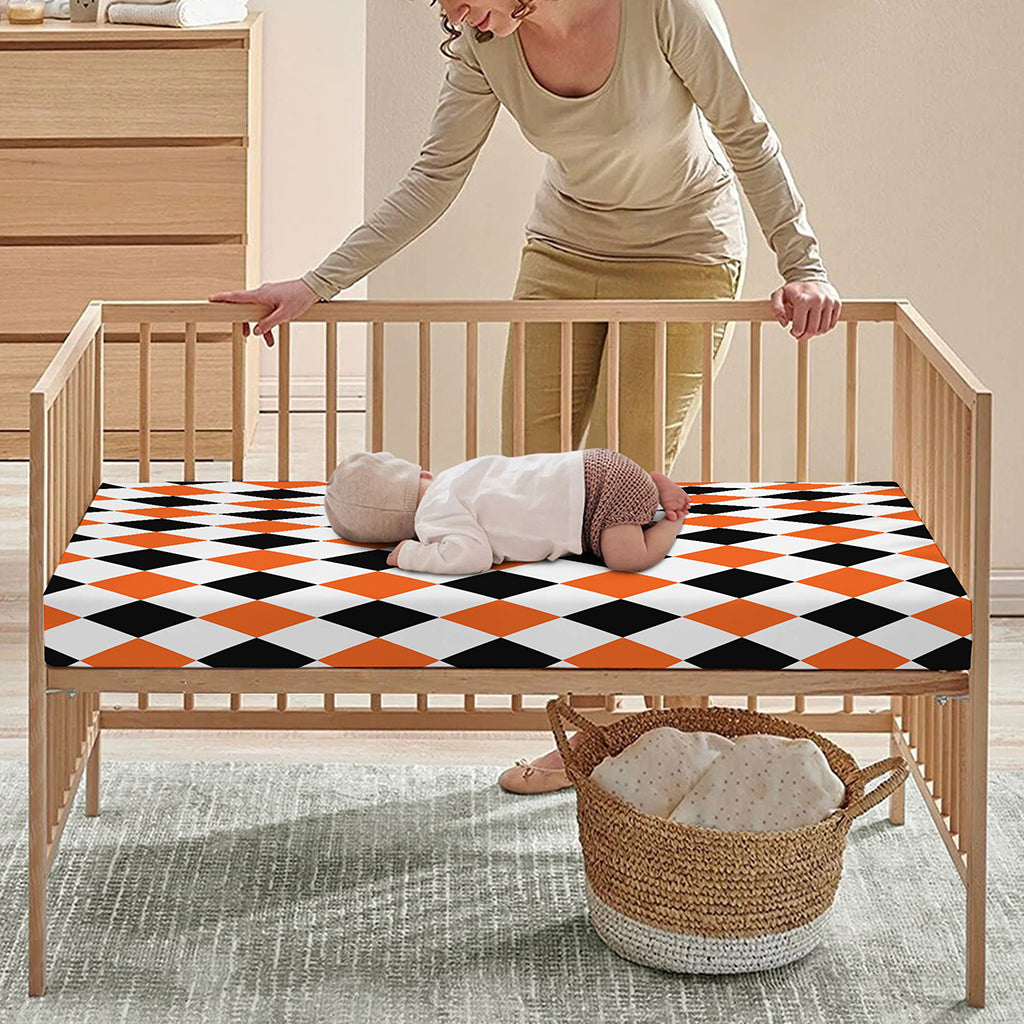 White Black And Orange Harlequin Print Baby Crib Sheet