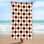 White Black And Orange Harlequin Print Beach Towel