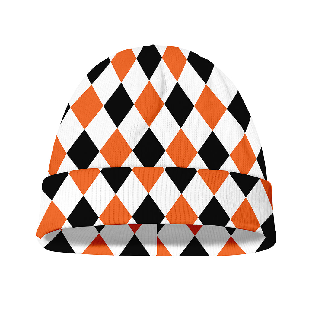 White Black And Orange Harlequin Print Beanie