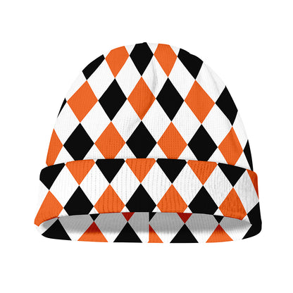 White Black And Orange Harlequin Print Beanie