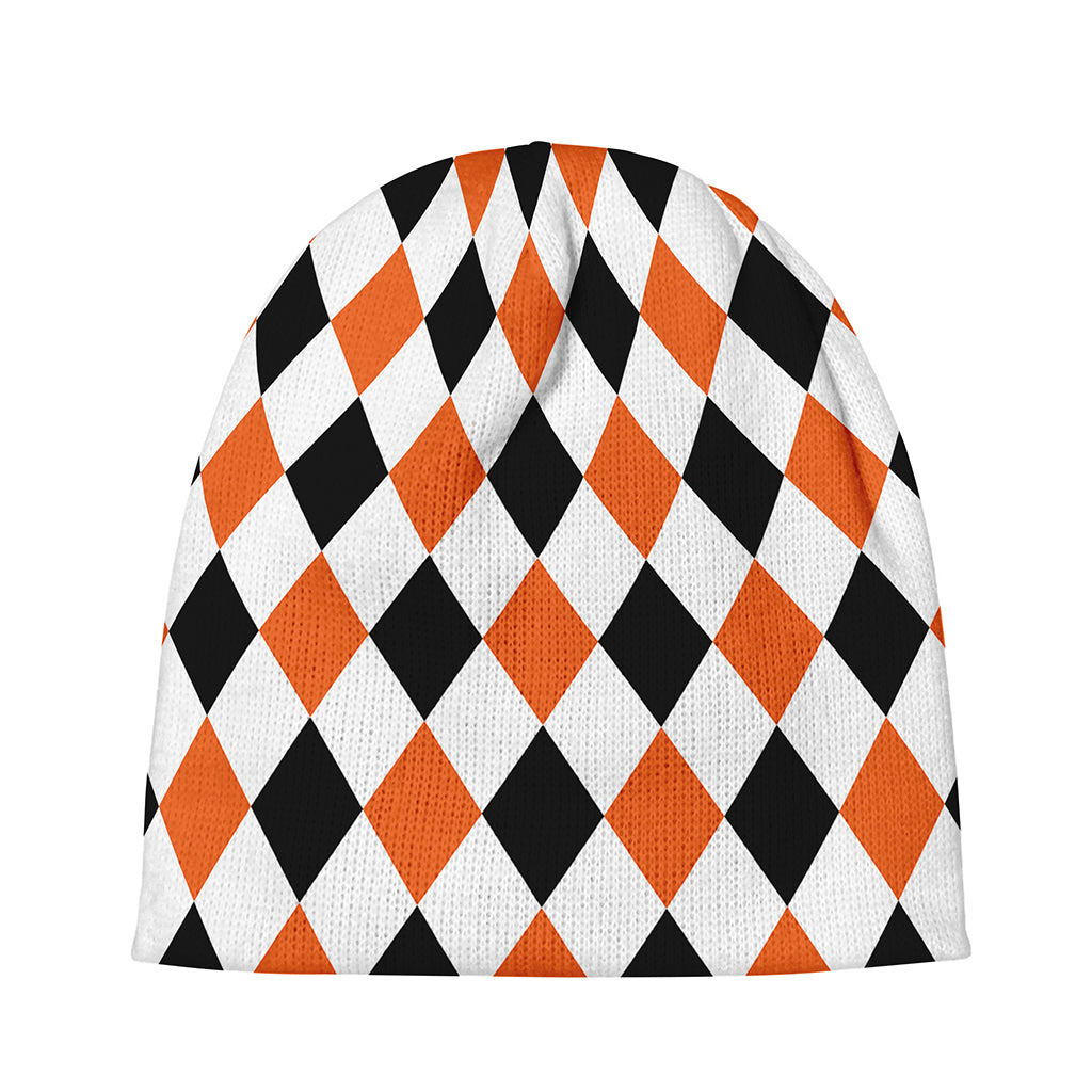 White Black And Orange Harlequin Print Beanie
