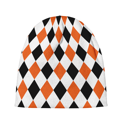 White Black And Orange Harlequin Print Beanie