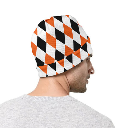 White Black And Orange Harlequin Print Beanie