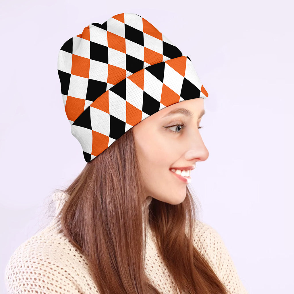 White Black And Orange Harlequin Print Beanie