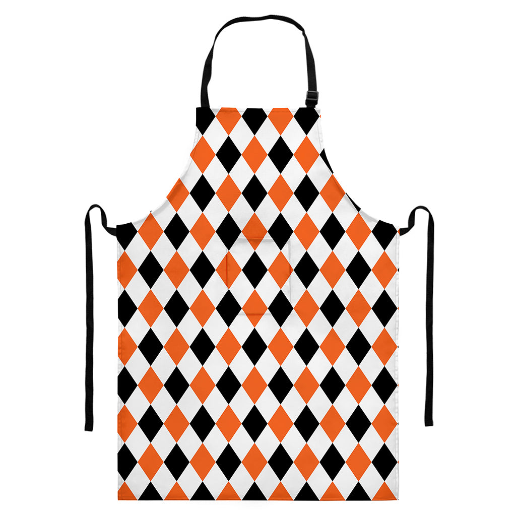 White Black And Orange Harlequin Print Bib Apron With Pocket