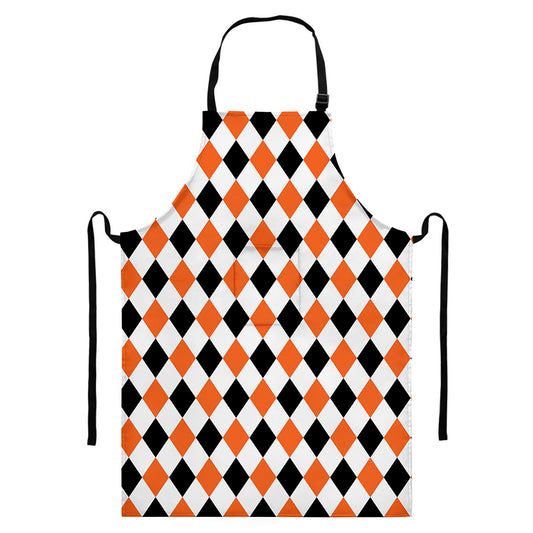 White Black And Orange Harlequin Print Bib Apron With Pocket