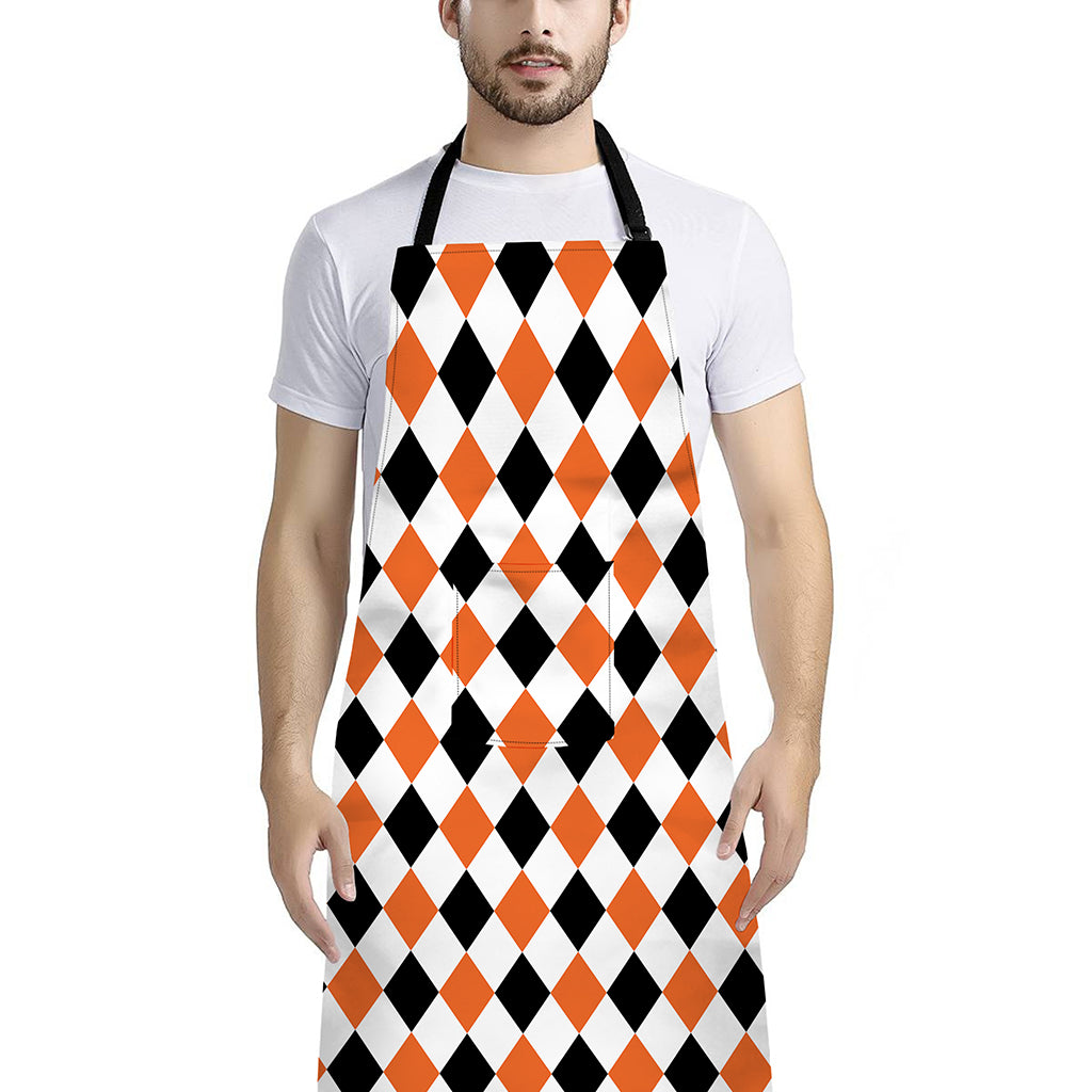 White Black And Orange Harlequin Print Bib Apron With Pocket
