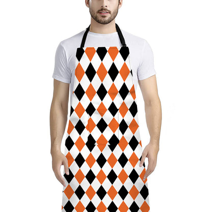 White Black And Orange Harlequin Print Bib Apron With Pocket
