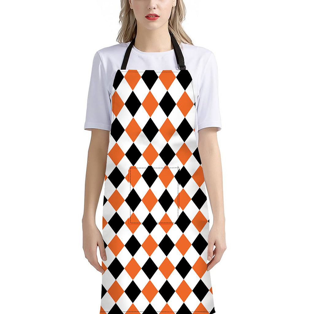 White Black And Orange Harlequin Print Bib Apron With Pocket