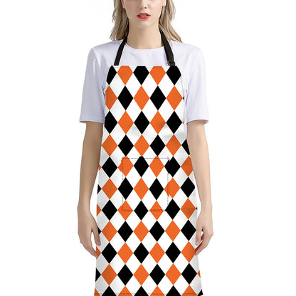 White Black And Orange Harlequin Print Bib Apron With Pocket