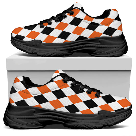 White Black And Orange Harlequin Print Black Chunky Shoes