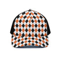 White Black And Orange Harlequin Print Black Mesh Trucker Hat
