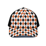 White Black And Orange Harlequin Print Black Mesh Trucker Cap