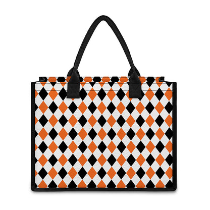 White Black And Orange Harlequin Print Canvas Tote Bag