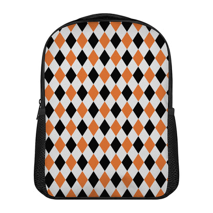 White Black And Orange Harlequin Print Casual Backpack