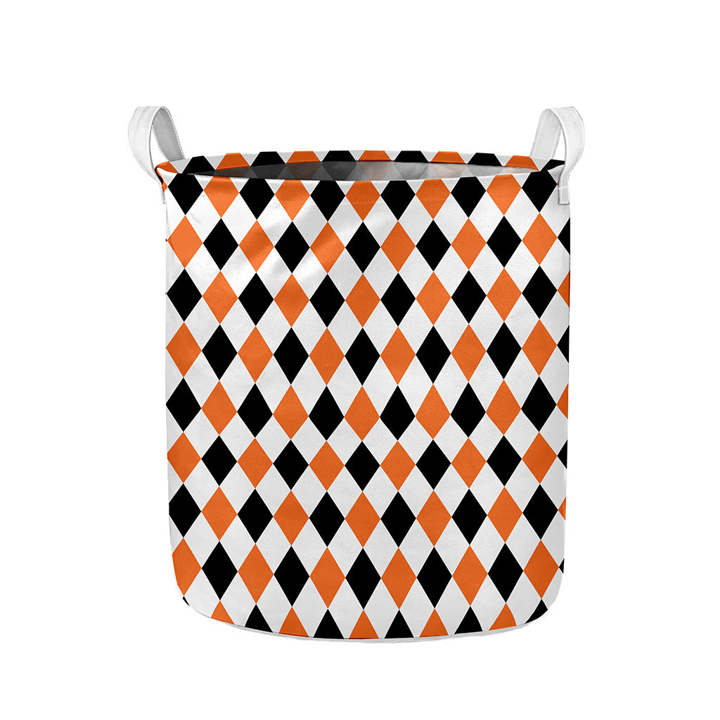 White Black And Orange Harlequin Print Collapsible Laundry Basket