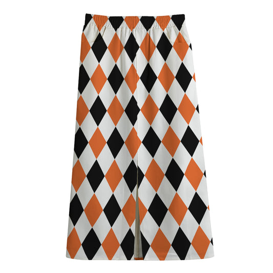 White Black And Orange Harlequin Print Cotton Front Slit Maxi Skirt