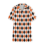 White Black And Orange Harlequin Print Cotton Hawaiian Shirt