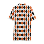 White Black And Orange Harlequin Print Cotton Hawaiian Shirt