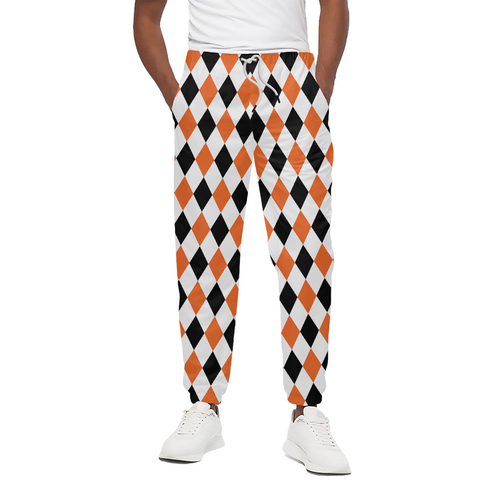 White Black And Orange Harlequin Print Cotton Pants