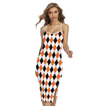 White Black And Orange Harlequin Print Cross Back Cami Dress