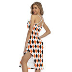 White Black And Orange Harlequin Print Cross Back Cami Dress