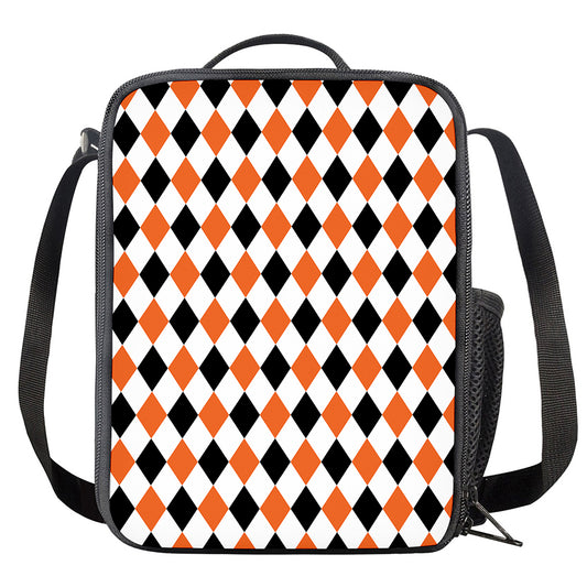 White Black And Orange Harlequin Print Crossbody Lunch Bag