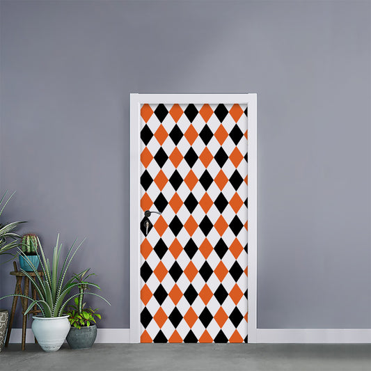 White Black And Orange Harlequin Print Door Sticker