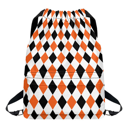 White Black And Orange Harlequin Print Drawstring Backpack