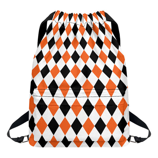 White Black And Orange Harlequin Print Drawstring Backpack