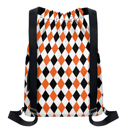 White Black And Orange Harlequin Print Drawstring Backpack