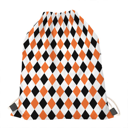 White Black And Orange Harlequin Print Drawstring Bag