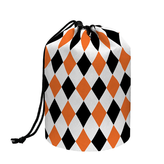 White Black And Orange Harlequin Print Drawstring Makeup Bag