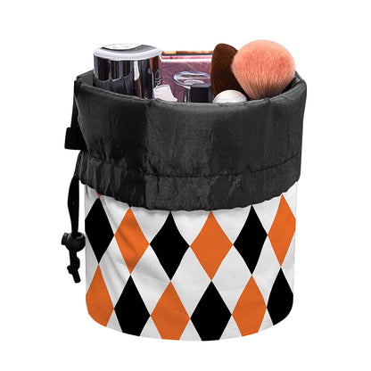 White Black And Orange Harlequin Print Drawstring Makeup Bag