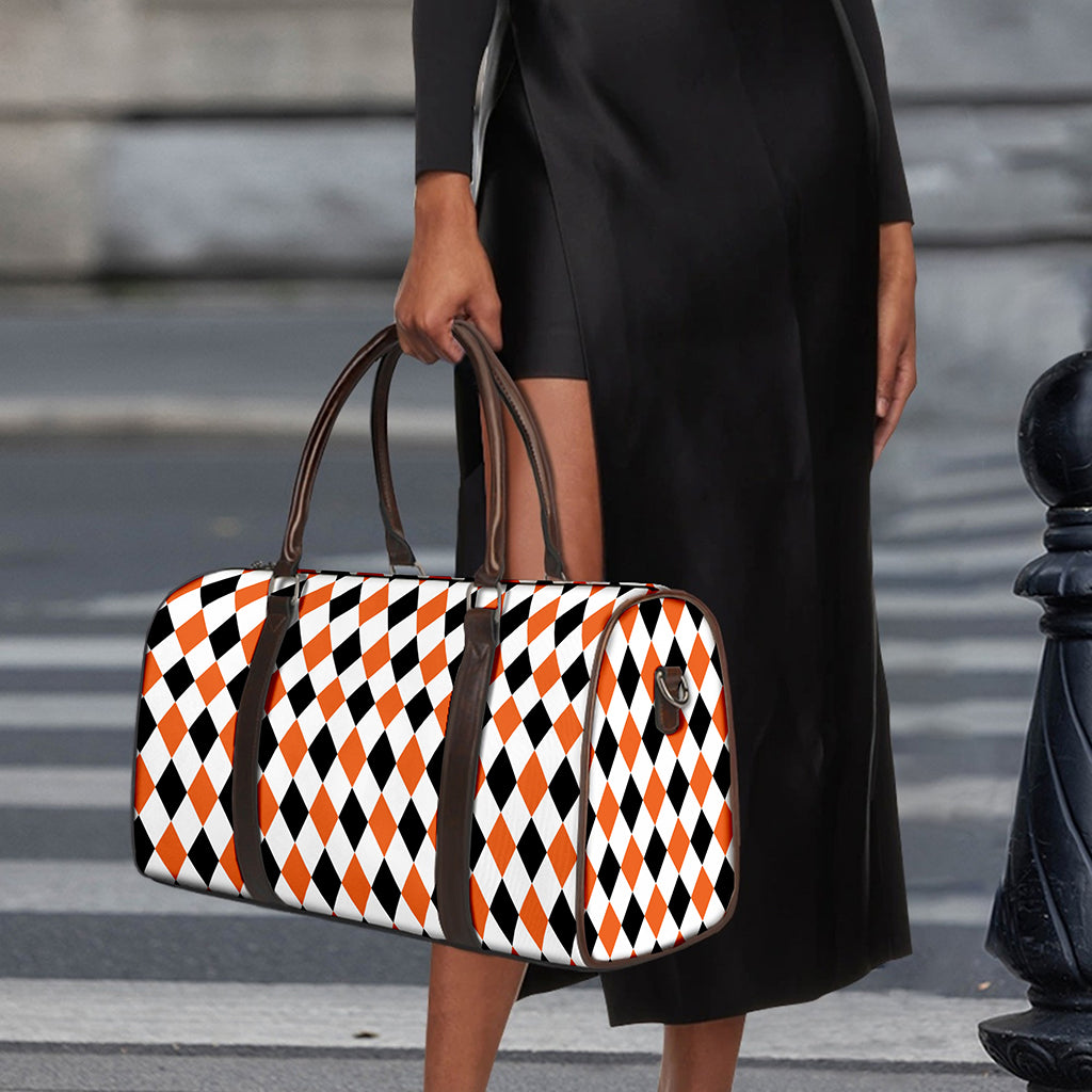 White Black And Orange Harlequin Print Duffle Bag